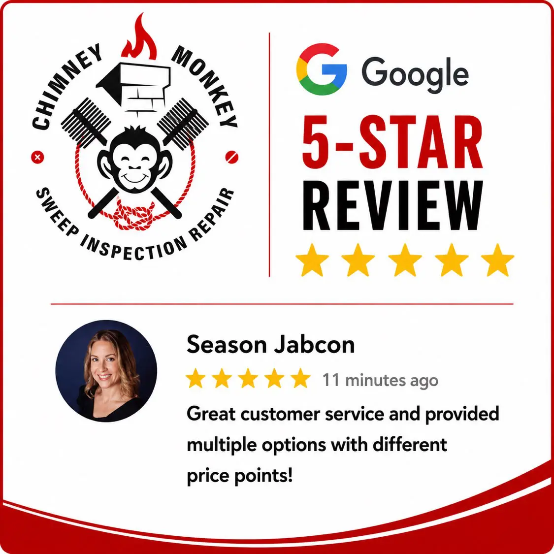 Google 5-star review for Chimney Monkey chimney repair service from Season Jabcon