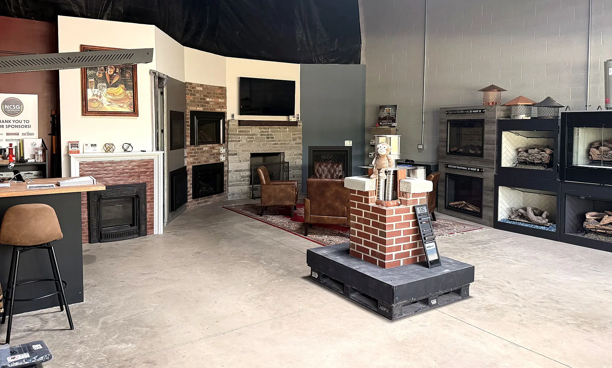 Overview of fireplace surrounds, seating and chimney displays