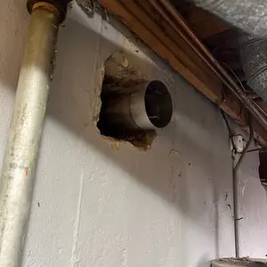 Access opening in the basement section of a masonry chimney used to connect a new utility flue liner