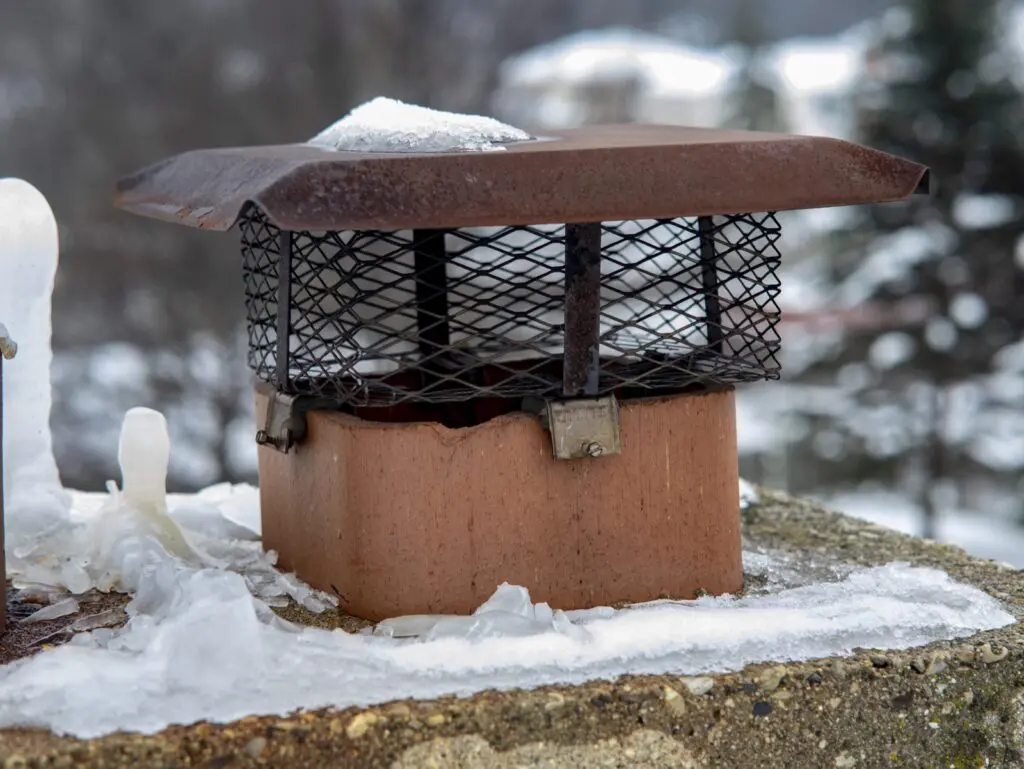 Metal mesh cap above a clay flue tile with a chipped upper edge and ice around the chimney top.