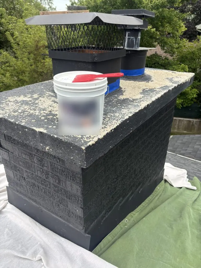 Chimney crown being recoated with crown repair sealant, with mesh flue caps on top and the roof protected by drop cloths