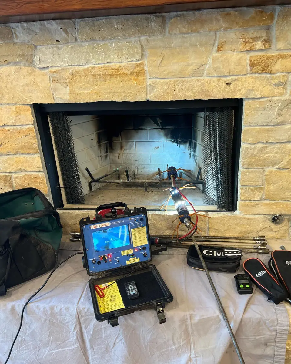 Chimney inspection camera and monitor arranged on a protective cloth in front of a stone fireplace.