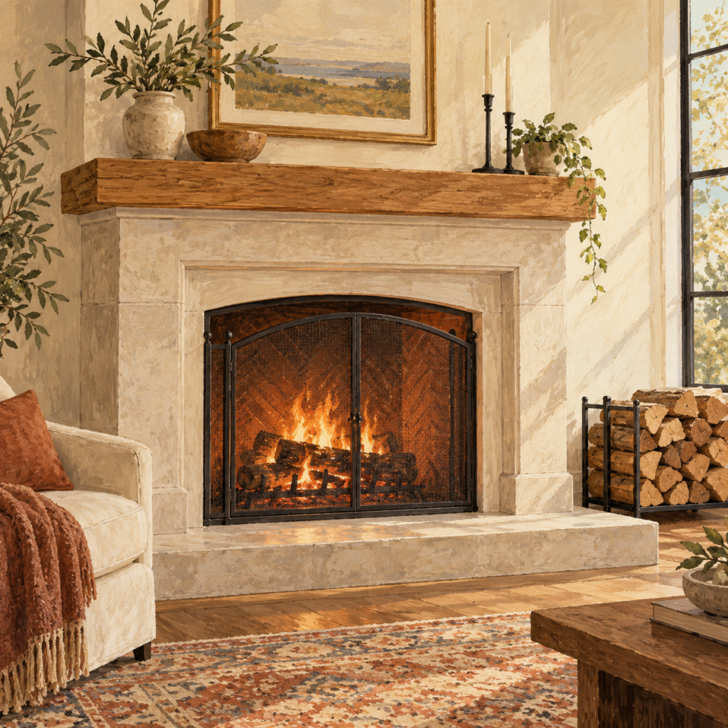 Illustration of a warm living room with a stone fireplace and oak mantel