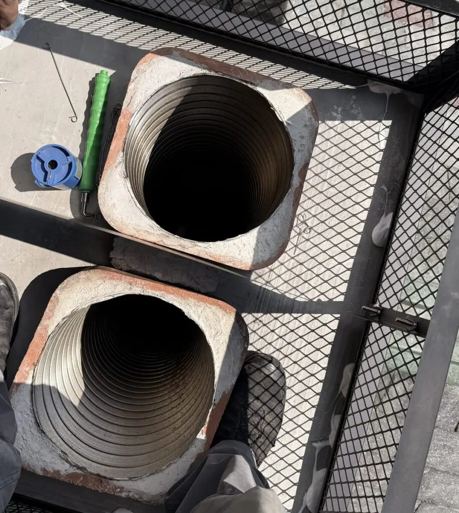 Two stainless steel flue liners installed side by side, seen from the top of a chimney chase